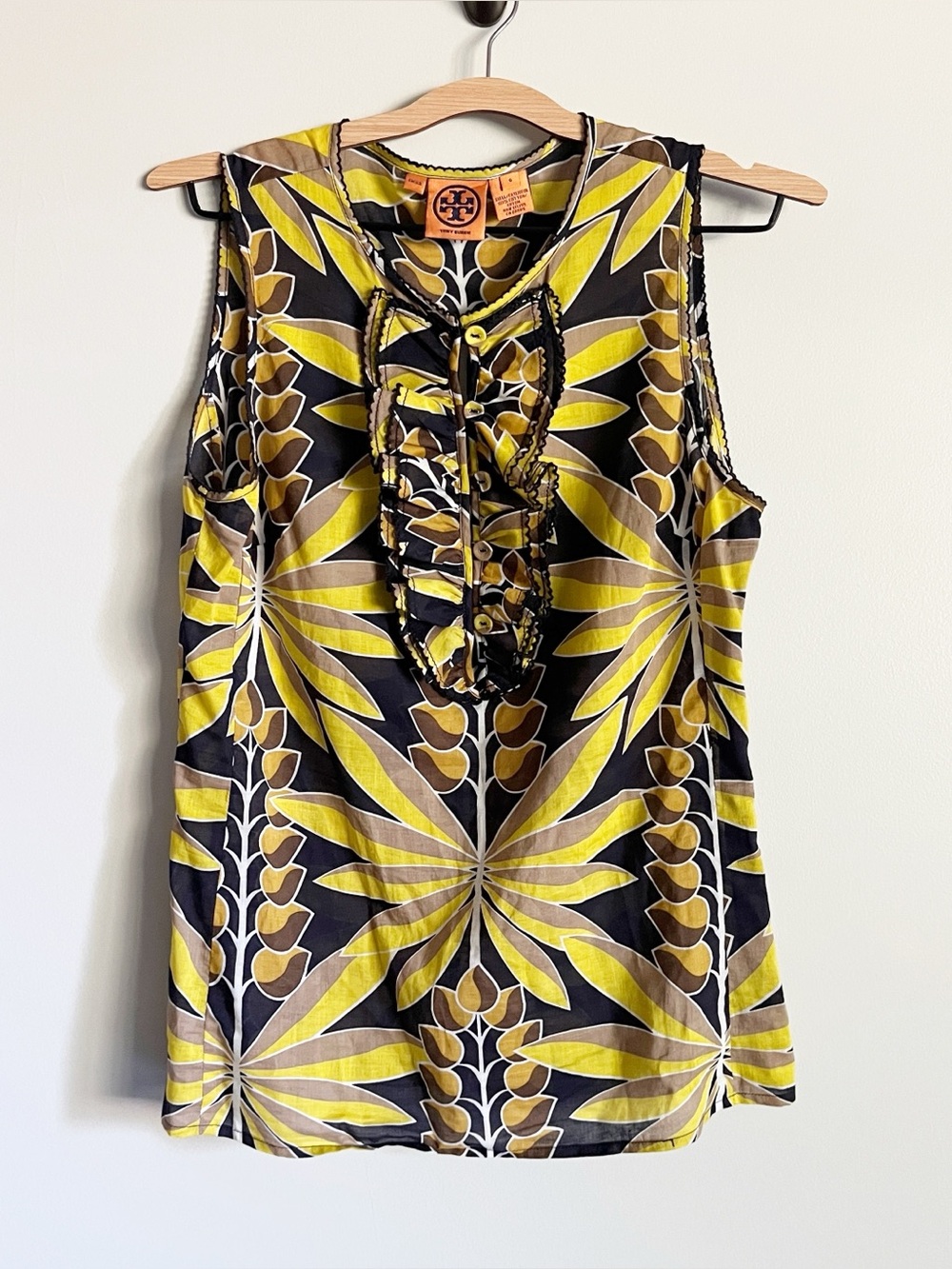 Tory Burch Top Size 6 Leaf Print Sleeveless Ruffles 100% Cotton Yellow Black